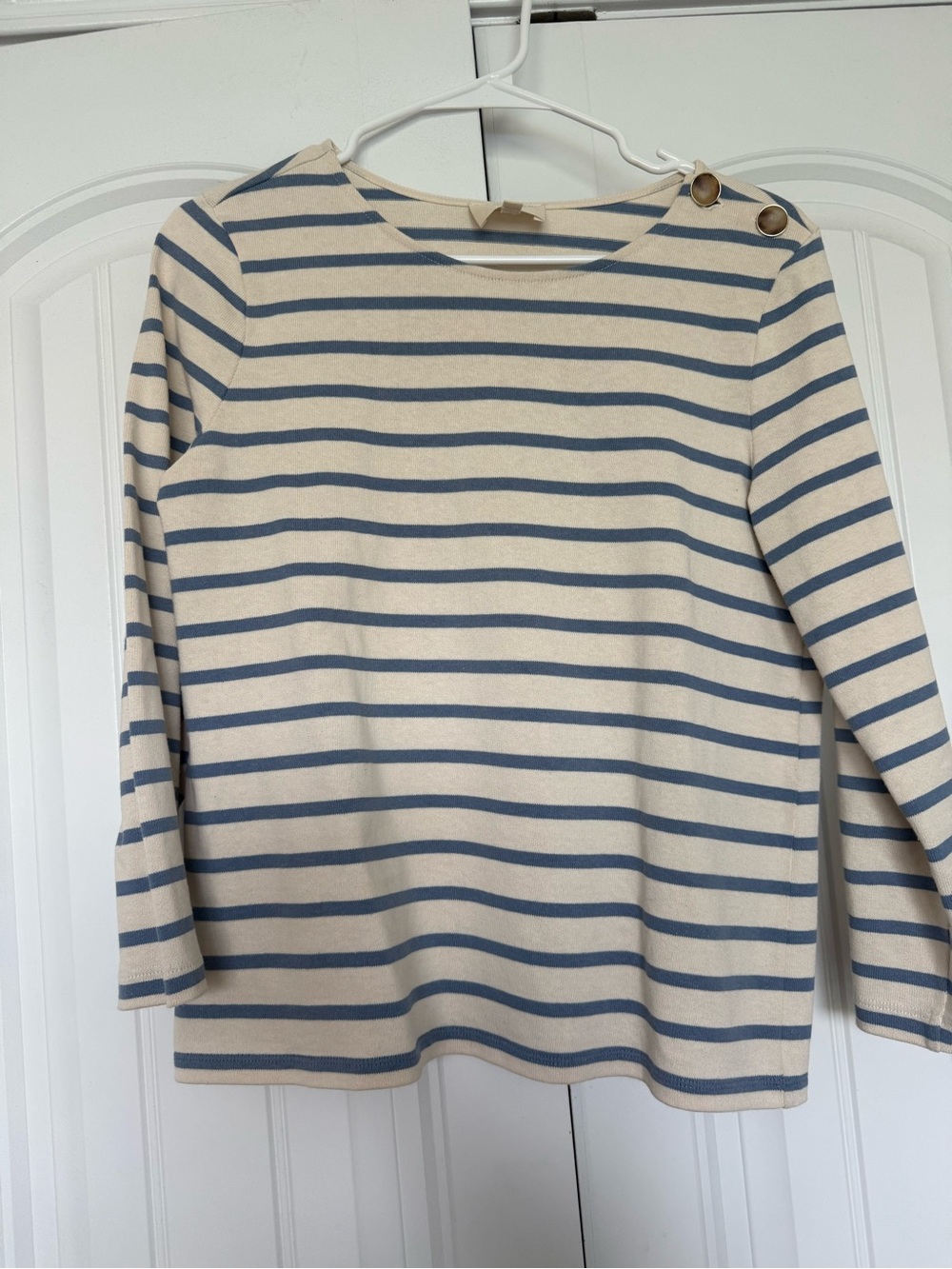Sezane Cream and Blue Striped Button-Shoulder Top XS